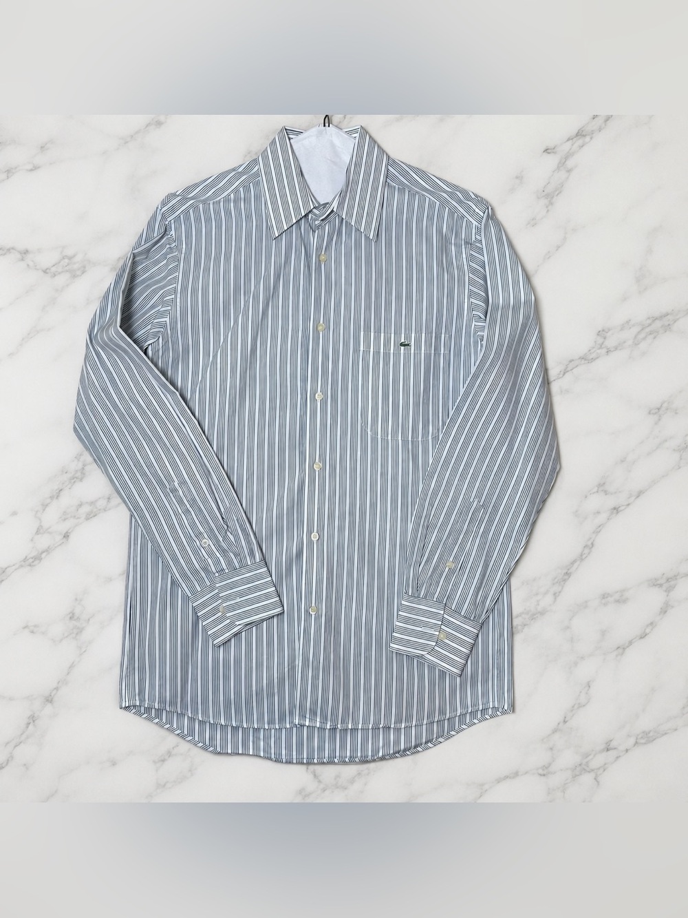 Lacoste Men’s Size 38 White Navy Stripe Long Sleeve Button Down Shirt